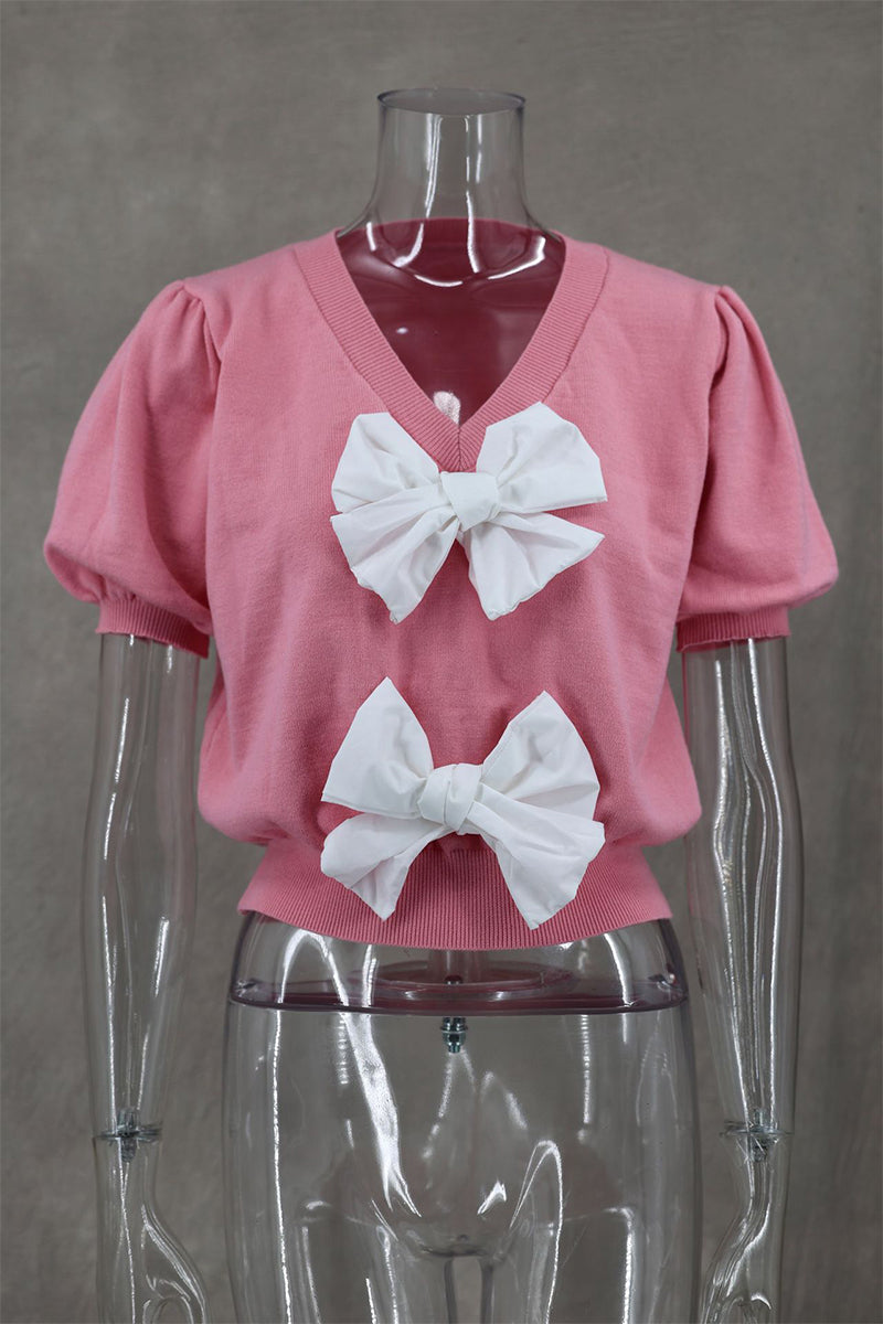 Florence - Casual V-Neck Tops with Solid Color and Bow Decor