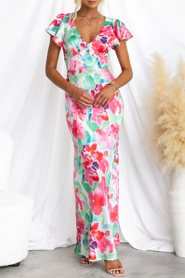 Women's Maxi Dress - V-Neck - Flutter Sleeves - Elegant Floral Print - Flowy Fit