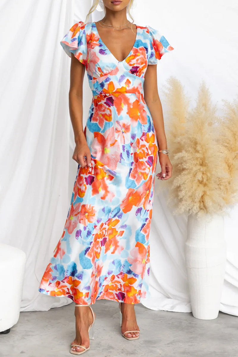 Women's Maxi Dress - V-Neck - Flutter Sleeves - Elegant Floral Print - Flowy Fit