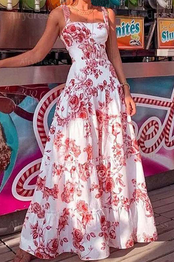 Women's Maxi Dress - Sleeveless Tiered Flowy Design - Square Neck Floral Print