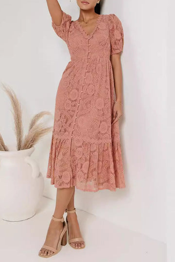 Women's Lace Midi Dress - V-Neck - Puff Sleeves - Button-Down A-Line Silhouette