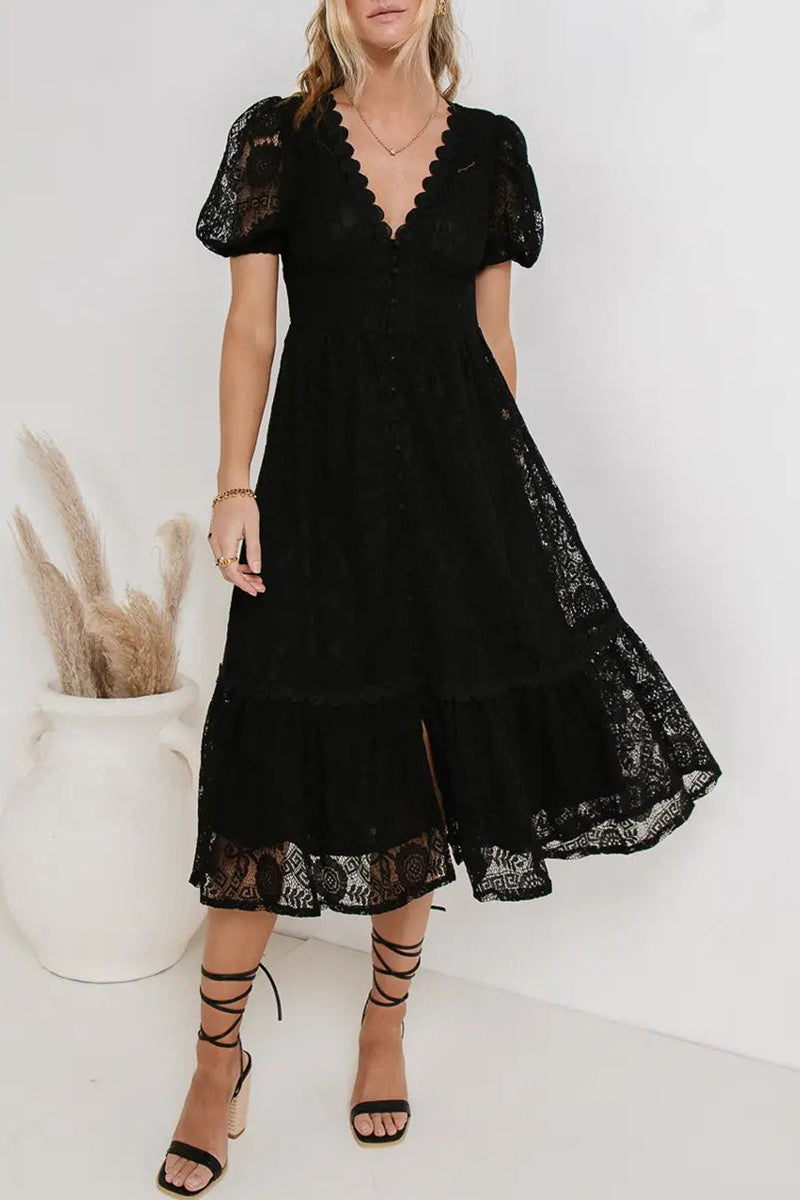 Women's Lace Midi Dress - V-Neck - Puff Sleeves - Button-Down A-Line Silhouette