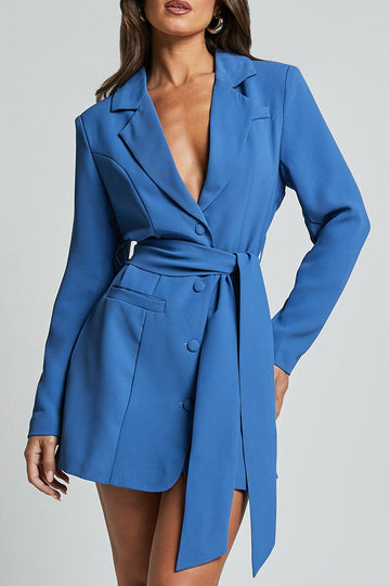 Women's Blazer Dress - Fitted Double-Breasted - Belted Mini Length - Notched Lapel