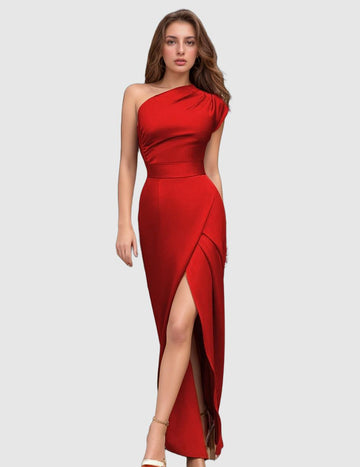 Liora - Elegant Formal Solid Asymmetrical Slit Evening Dress