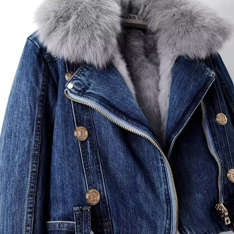 Women's denim jacket with faux fur collar and cuffs