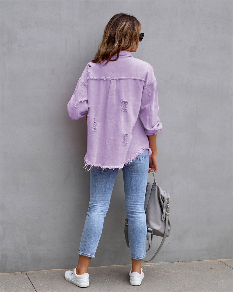 Women's pink distressed denim jacket for casual vibes