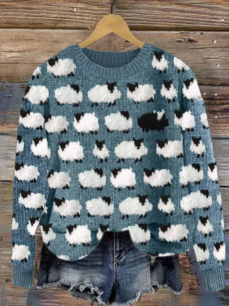 Women's playful sheep print sweater