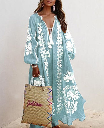 Women's Long Kaftan Dress - Embroidered Floral Boho Style - Loose Fit Balloon Sleeve