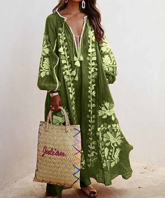 Women's Long Kaftan Dress - Embroidered Floral Boho Style - Loose Fit Balloon Sleeve