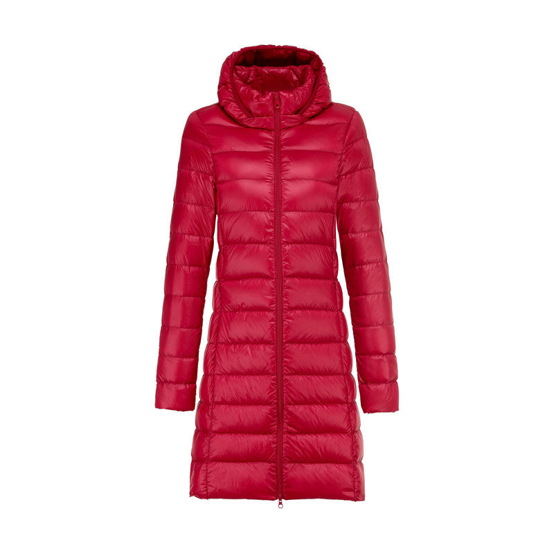 Women's long down jacket with removable hood