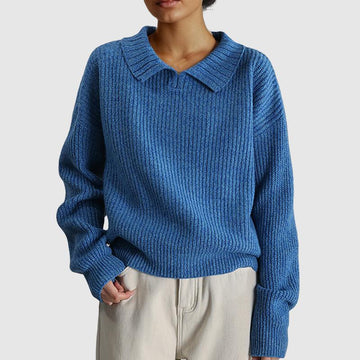 Women's Knitted Sweater - Ribbed Texture - Relaxed Fit - Wide Collar - Long Sleeve