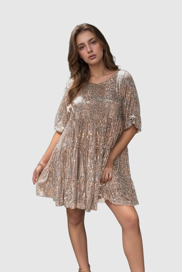 Women's Mini Dress - Loose Fit Tiered Design - Sparkling Lightweight Fabric - Elbow Sleeve