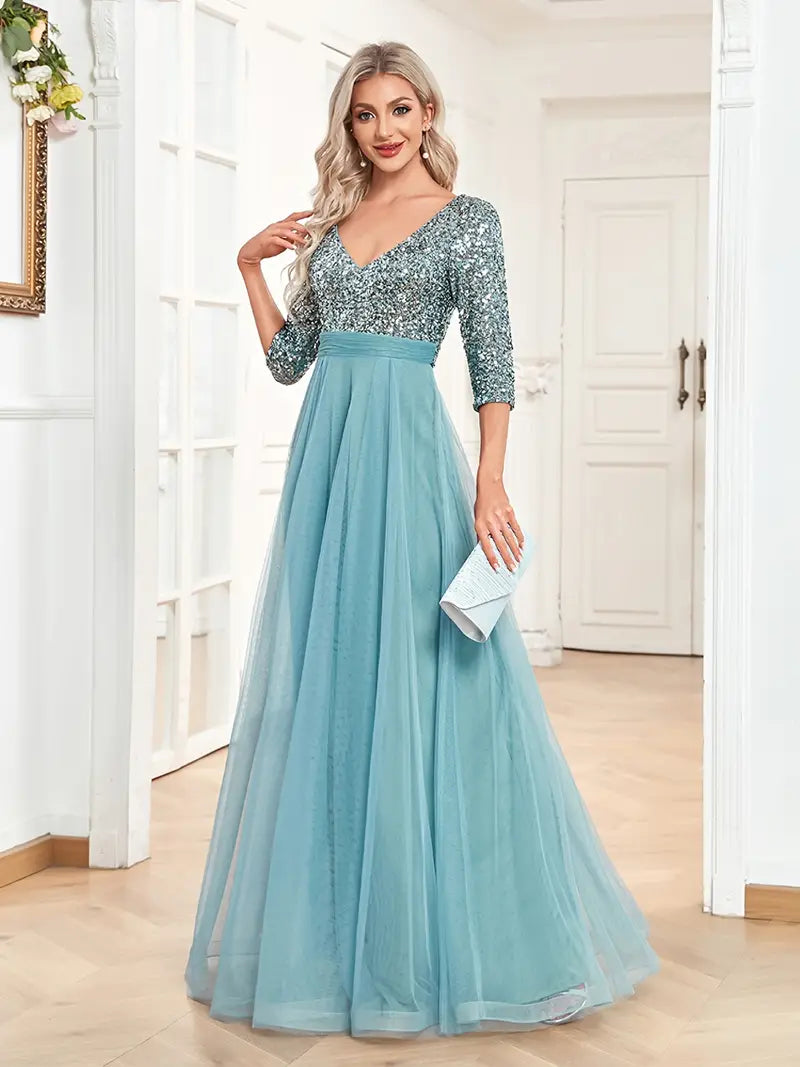 Women’s Evening Gown - Sequin Bodice - V-Neck - Three-Quarter Sleeves - Flowing A-Line Skirt