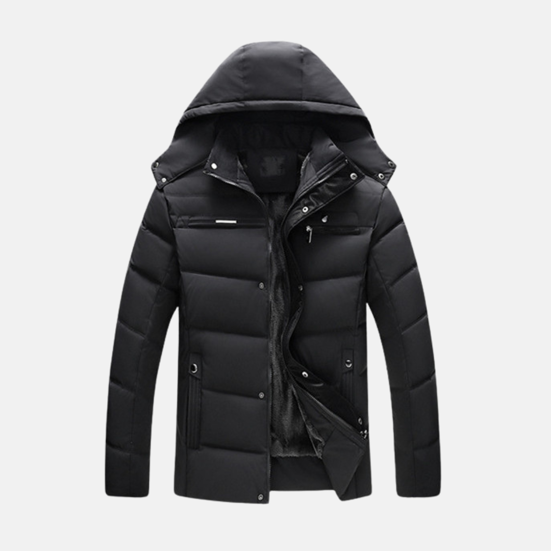Men’s Padded Coat – Regular Fit – Fleece Lined Hood – Water Resistant – Zipper Closure