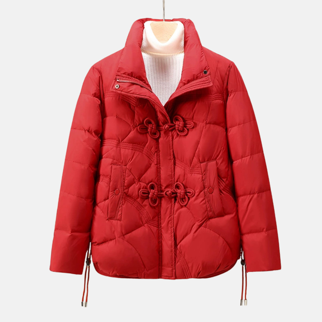 Women’s Puffer Jacket – Quilted Geometric Pattern – Frog Buttons – Adjustable Hem