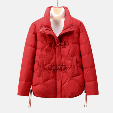 Women’s Puffer Jacket – Quilted Geometric Pattern – Frog Buttons – Adjustable Hem