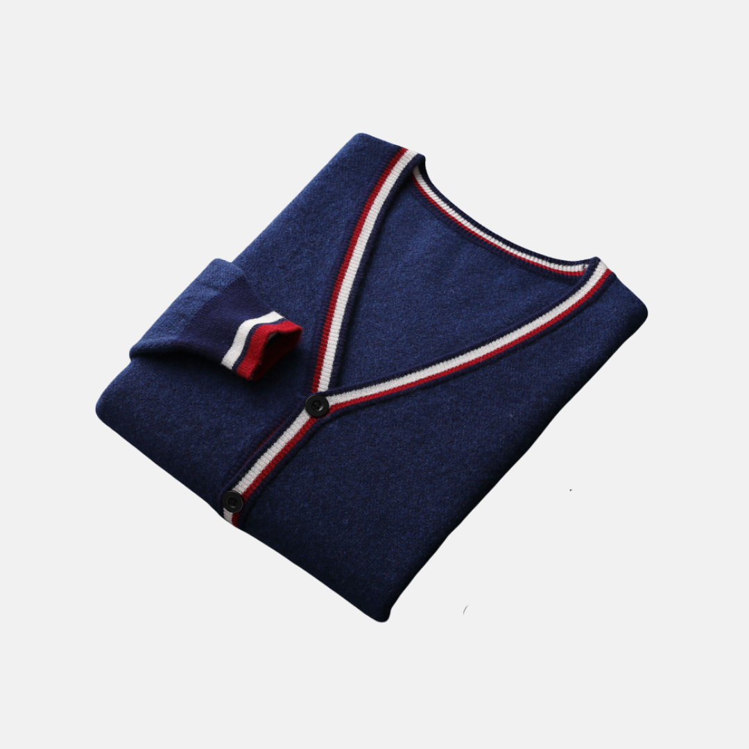 Men’s Cardigan - Knit - V-Neck - Hip Length - Long Sleeve - Solid With Striped Trim