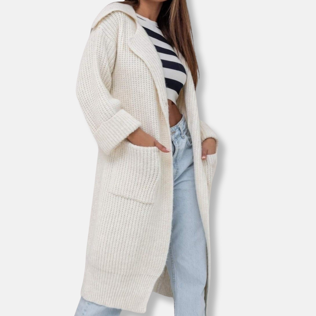 Women’s Long Knit Coat – Wool Blend – Oversized Fit – Hooded with Front Pockets