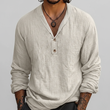 Men’s Relaxed Popover Shirt with V-Neck and Button Placket