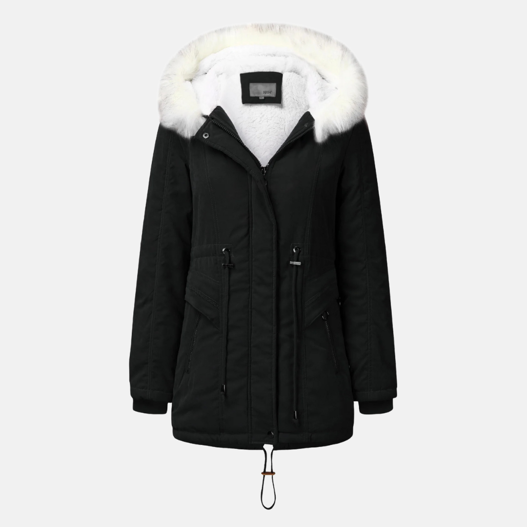 Women’s Mid-Length Coat – Fleece Lined – Faux Fur Hood – Drawstring Waist – Insulated