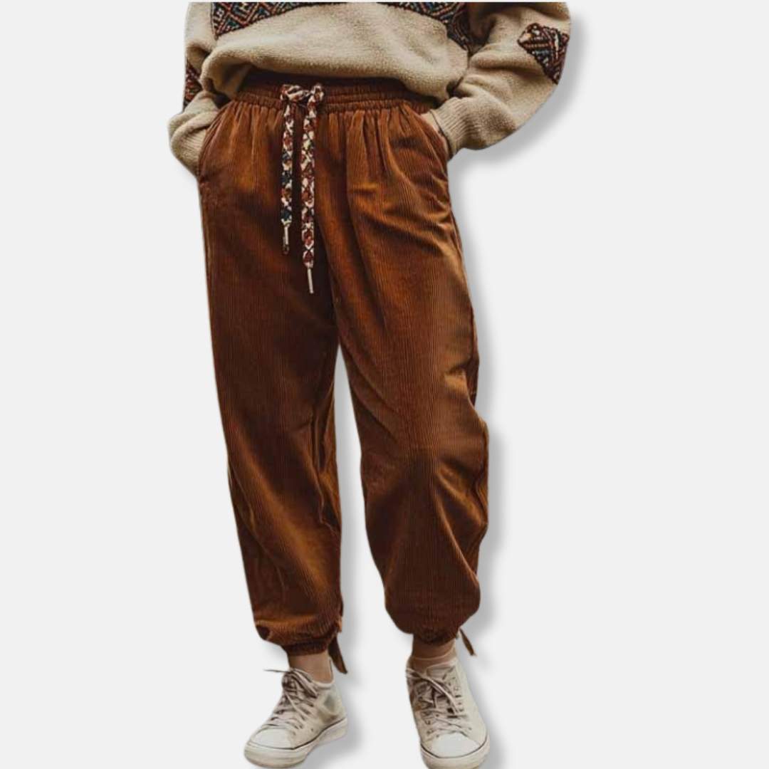 Women’s Pants - Corduroy - Relaxed Fit - Elastic Waistband - Cuffed Ankles