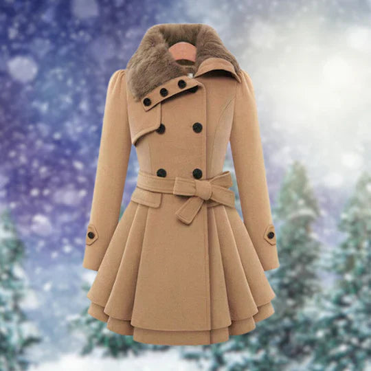 Women's flared coat with faux fur collar