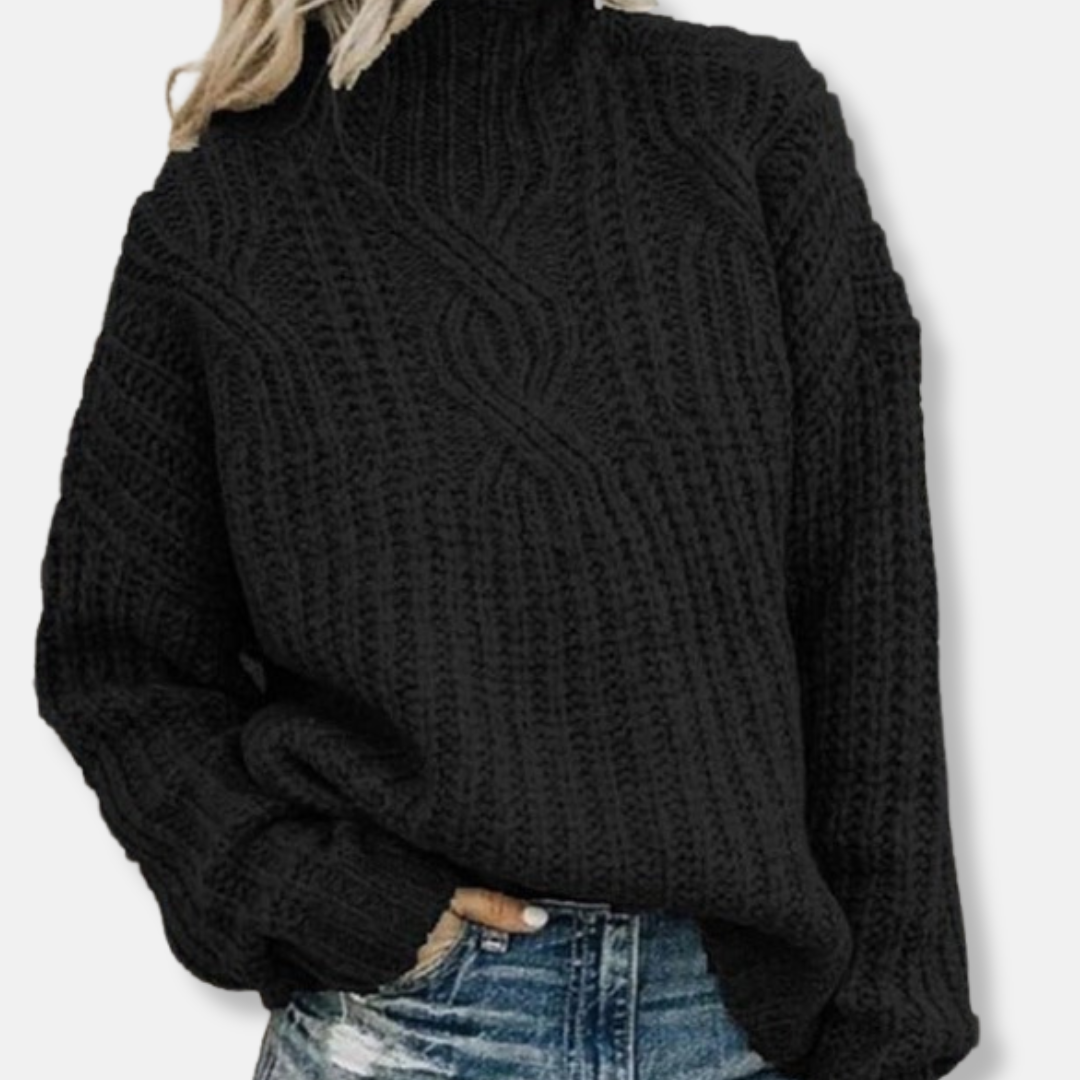 Isla Oversized Turtleneck Sweater | Cable Knit Ribbed Trim Sweater