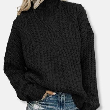 Isla Oversized Turtleneck Sweater | Cable Knit Ribbed Trim Sweater