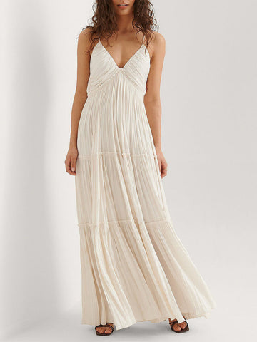 Women's Maxi Dress - Pleated Flowing Design - Deep V-Neck - Spaghetti Straps