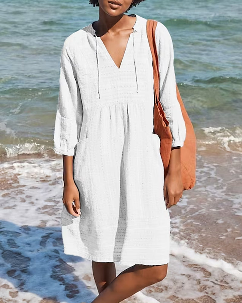 Women's Beach Cover-Up Dress - Lightweight Relaxed Fit - V-Neck 3/4 Sleeve