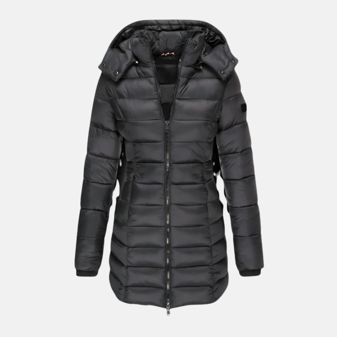 Women’s Puffer Coat – Slim Fit – Quilted Insulated – Mid-Length with Hood and Cuffs
