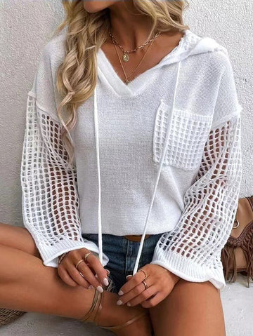 Women's crochet sleeve hooded sweater