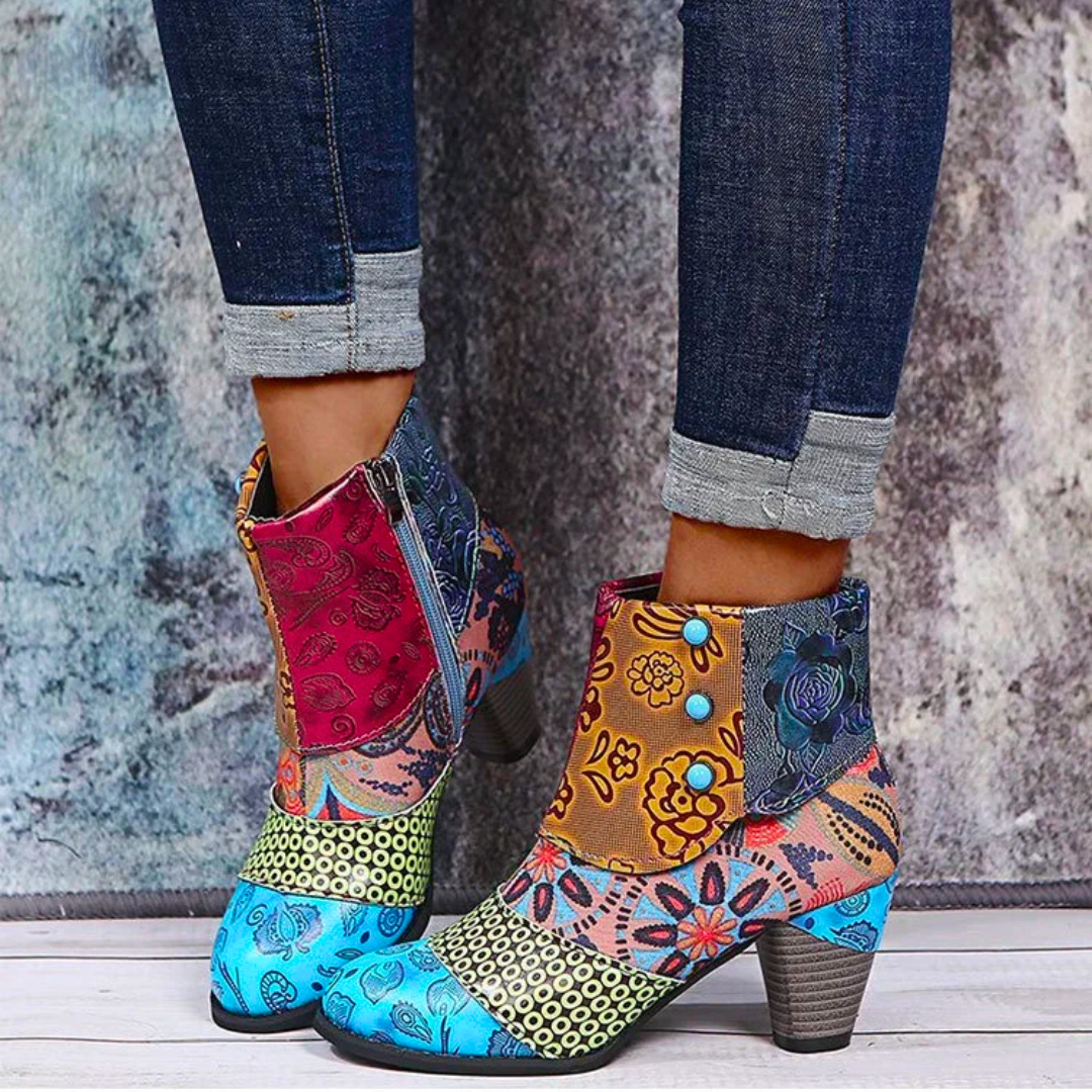 Mia - colorful patchwork ankle boots with block heels