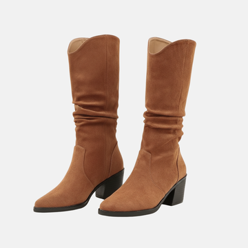 Women’s Boots - Suede-Like - Knee-High Slouchy Shaft - Pointed Toe - Mid Block Heel