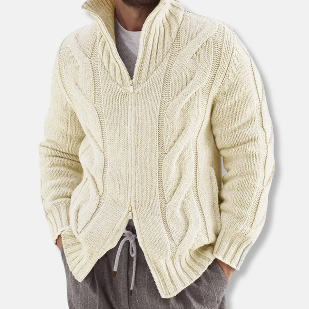 Leo Cable Knit Full-Zip Sweater | Stand Collar Pockets Sweater