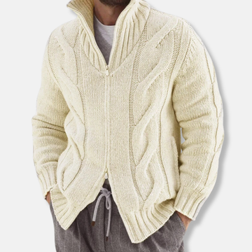 Leo Cable Knit Full-Zip Sweater | Stand Collar Pockets Sweater