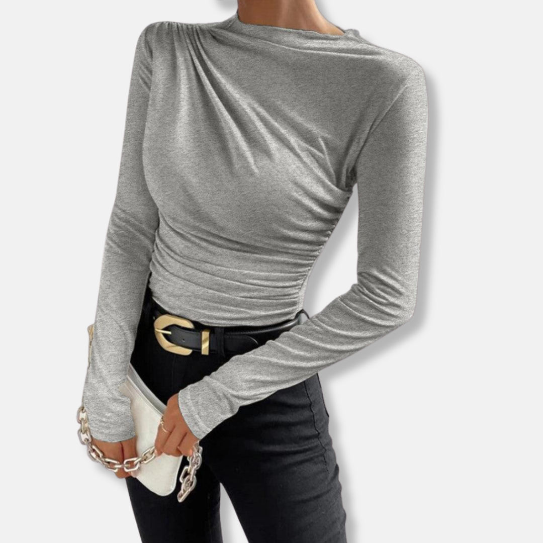 Amelia Cotton Draped Shirt | Asymmetric Ruched Long Sleeve Top