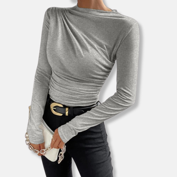 Amelia Cotton Draped Shirt | Asymmetric Ruched Long Sleeve Top