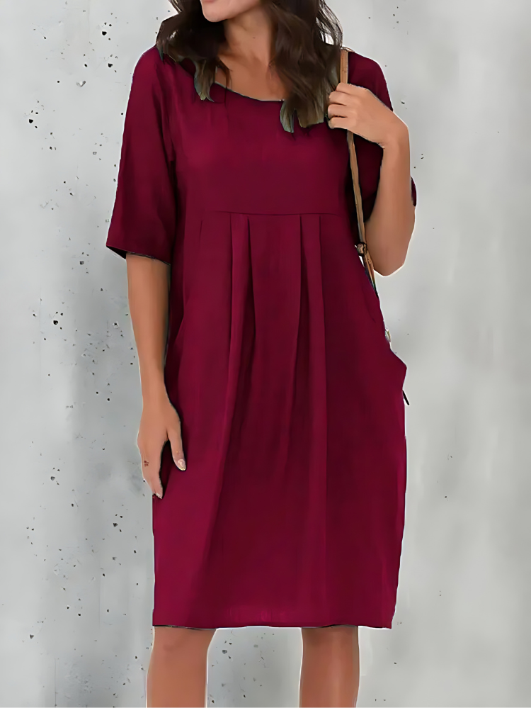 Women's Dress - Round Neck - Half Sleeve - Pleated Front - Knee Length Casual Wear