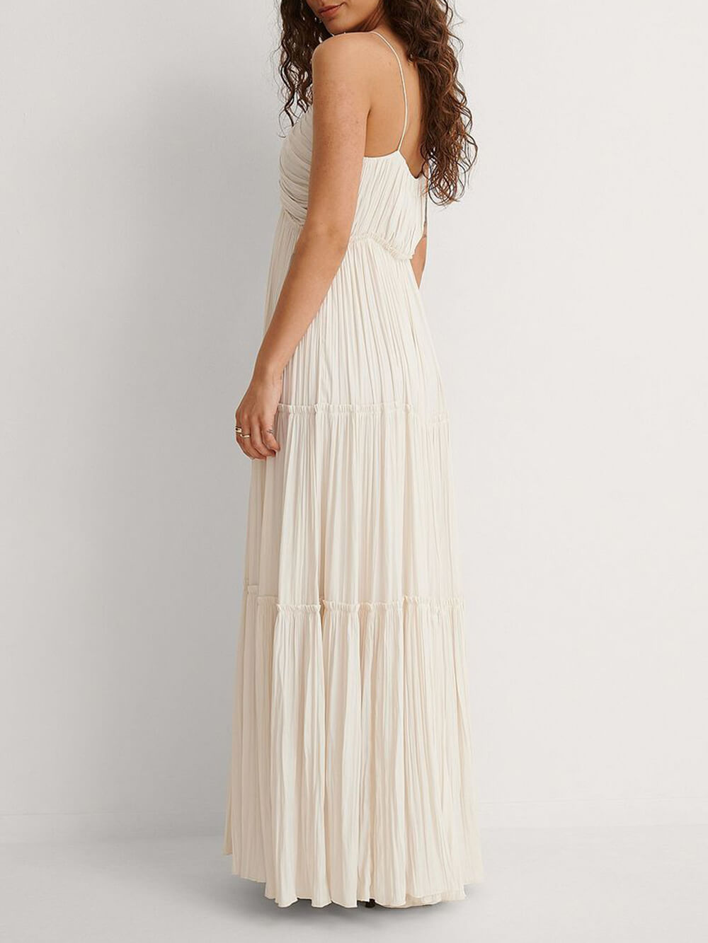 Women's Maxi Dress - Pleated Flowing Design - Deep V-Neck - Spaghetti Straps