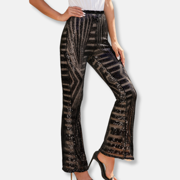 Women’s Wide Leg Pants – High Waist – Sequin Overlay – Full Length Evening Wear