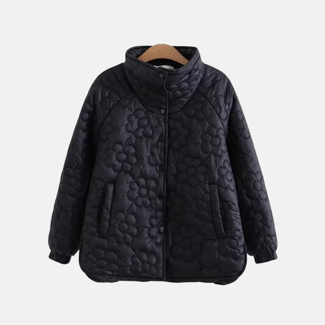 Women’s Jacket - Woven Blend - Quilted Floral Pattern - Snap Button Closure - Hip Length