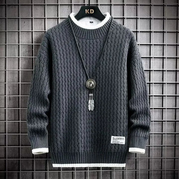 Men's textured knit sweater with contrast collar and hem