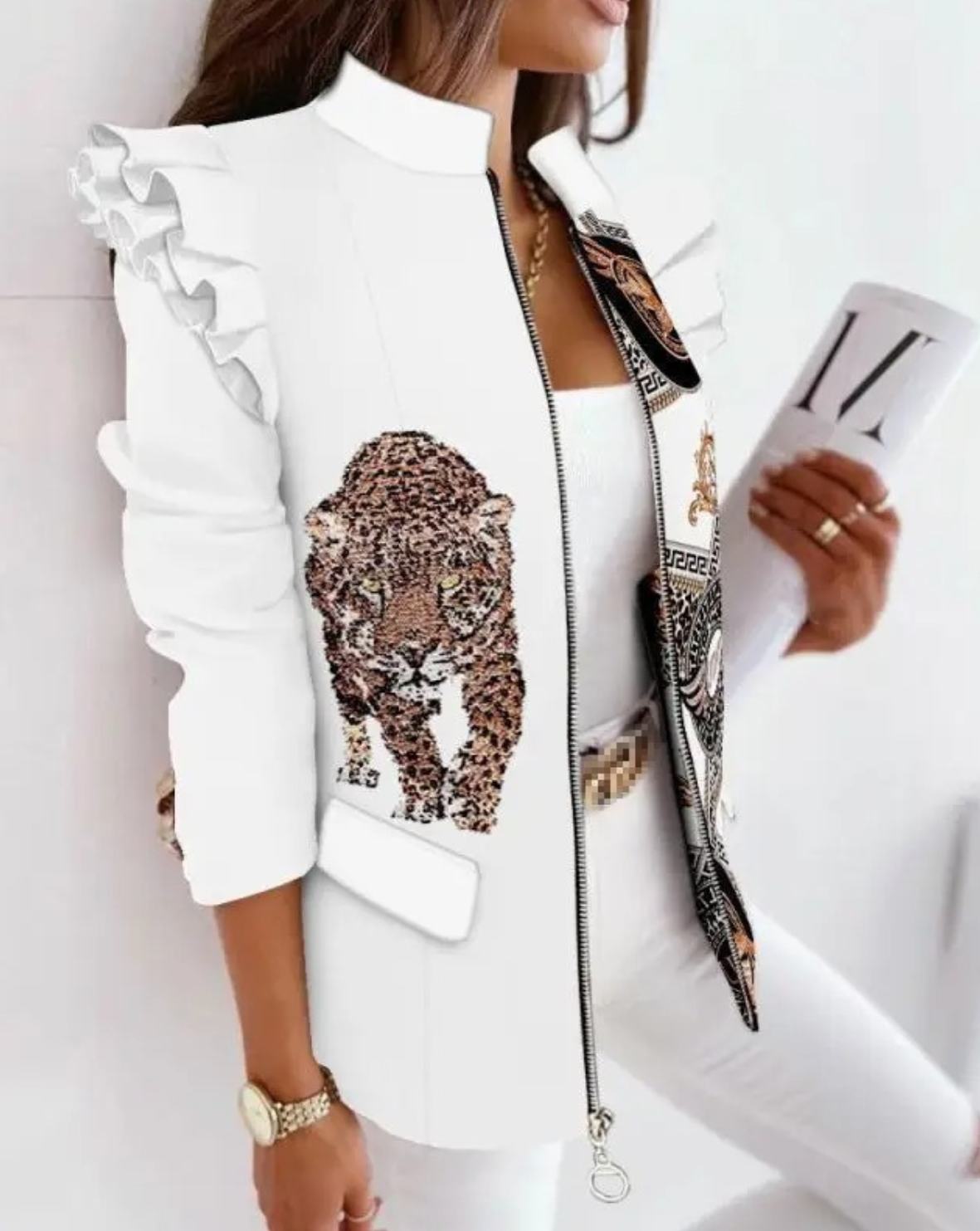 Women's leopard embroidered zip-up jacket for bold style