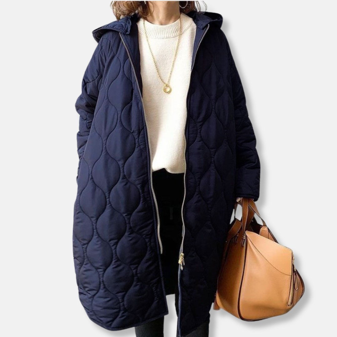 Women’s Quilted Jacket – Oversized Fit – Long Length – Hooded with Zip and Pockets