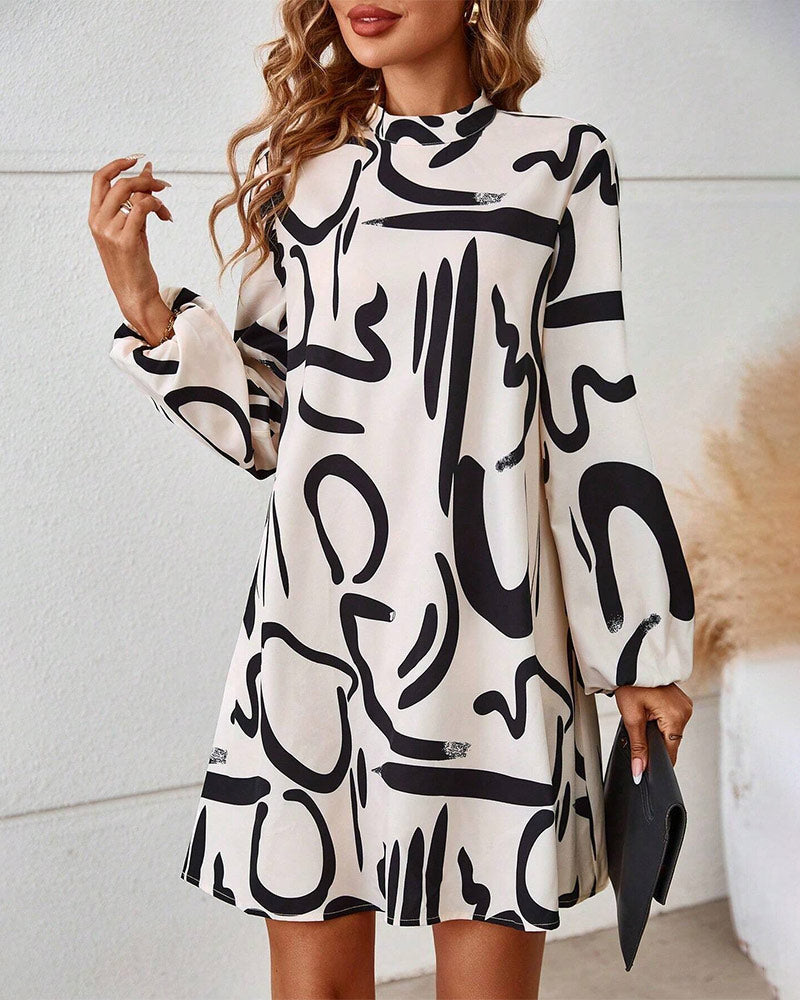 Women's A-Line Dress - Abstract Print - Mini Length - Puff Sleeve Round Neck