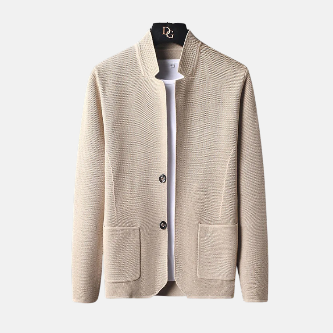 Men’s Cardigan - Fine-Gauge Knit - Band Collar - Button Front - Patch Pockets