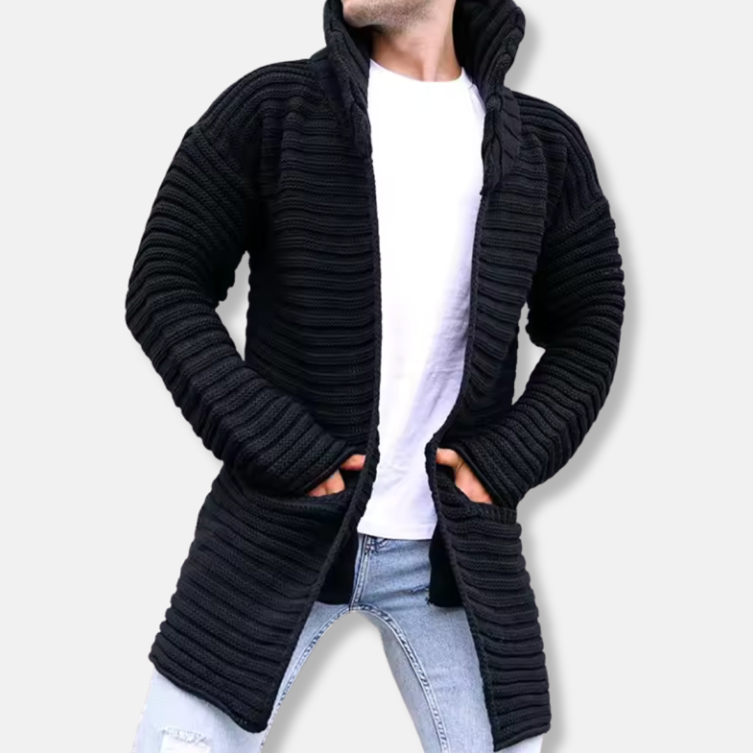 Men’s Knitted Cardigan – Ribbed Wool – Turtleneck – Long Line – Open Front – Relaxed Fit