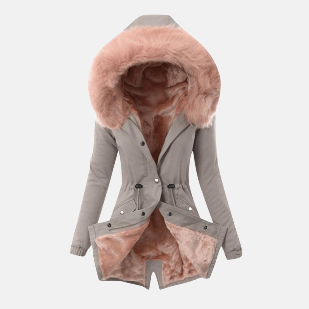 Women’s Jacket – Slim Fit – Adjustable Waist – Plush-Lined Hood – Mid-Length – Flap Pockets
