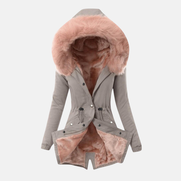Women’s Jacket – Slim Fit – Adjustable Waist – Plush-Lined Hood – Mid-Length – Flap Pockets